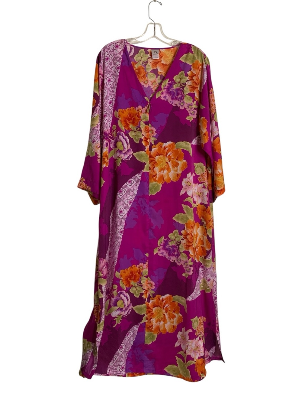 Natori Floral Garden Front Zip Caftan Robe Maxi Satin Magenta Pink Orange Large